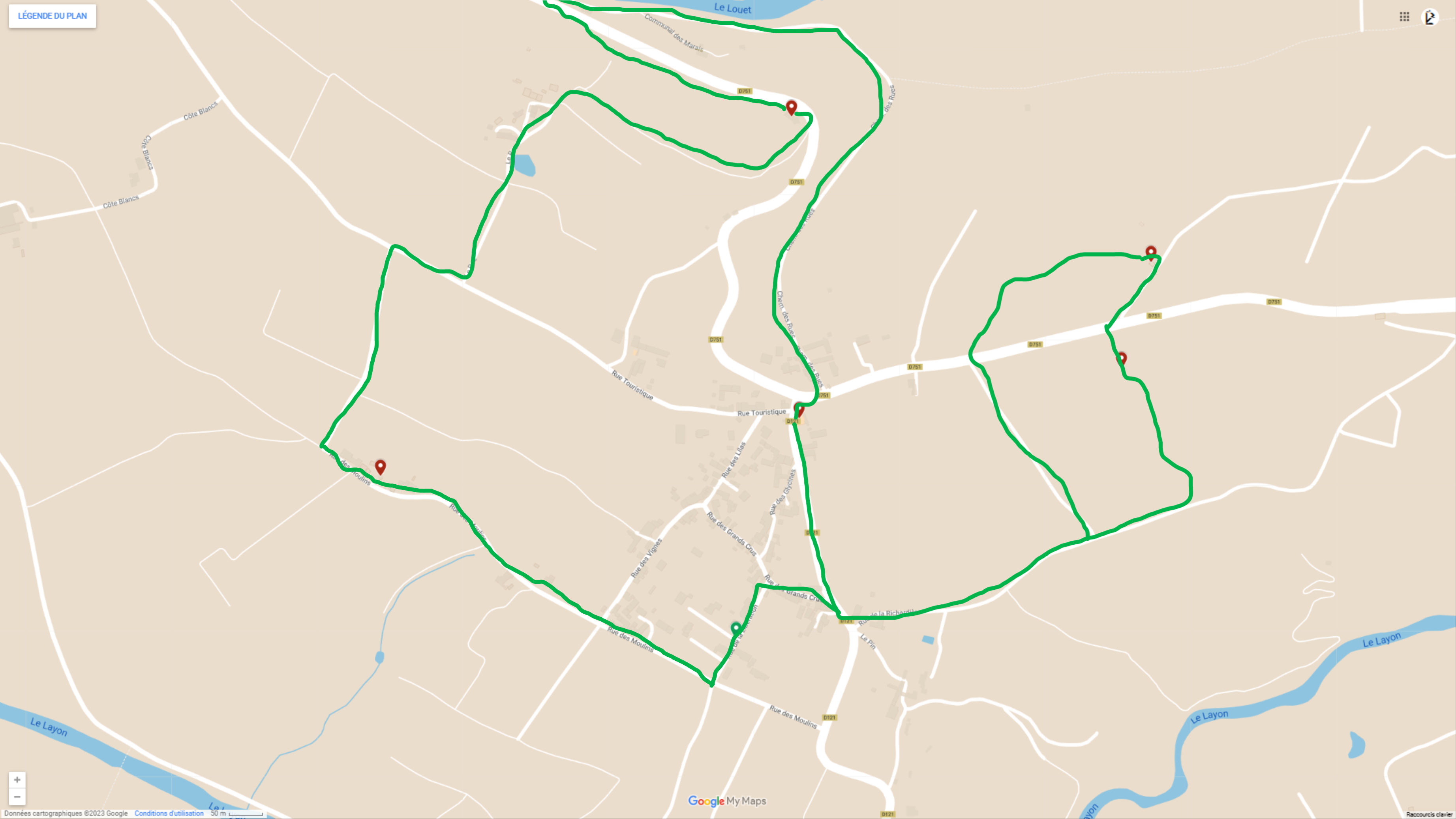 Carte du parcours : boucle de randonnée, sentier entre vignes et mines